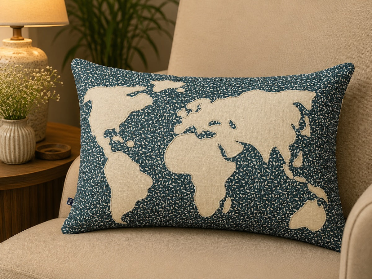 Classic World Map Printed Blue_Green Cotton Lumbar Cushion Cover with filler 12 x 18 inch