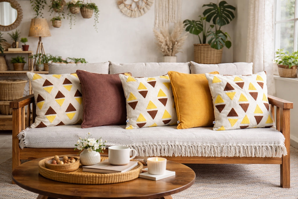 Hand Embroidered Minimal Marigold Mocha Triangle Cotton Cushion Cover Mustard Brown Set of 5 16 x 16 inch