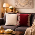 Hand Embroidered Zardosi & BeadsVelvet & Slub Silk Cushion Cover Maroon Offwhite Set of 2 16 x 16 inch