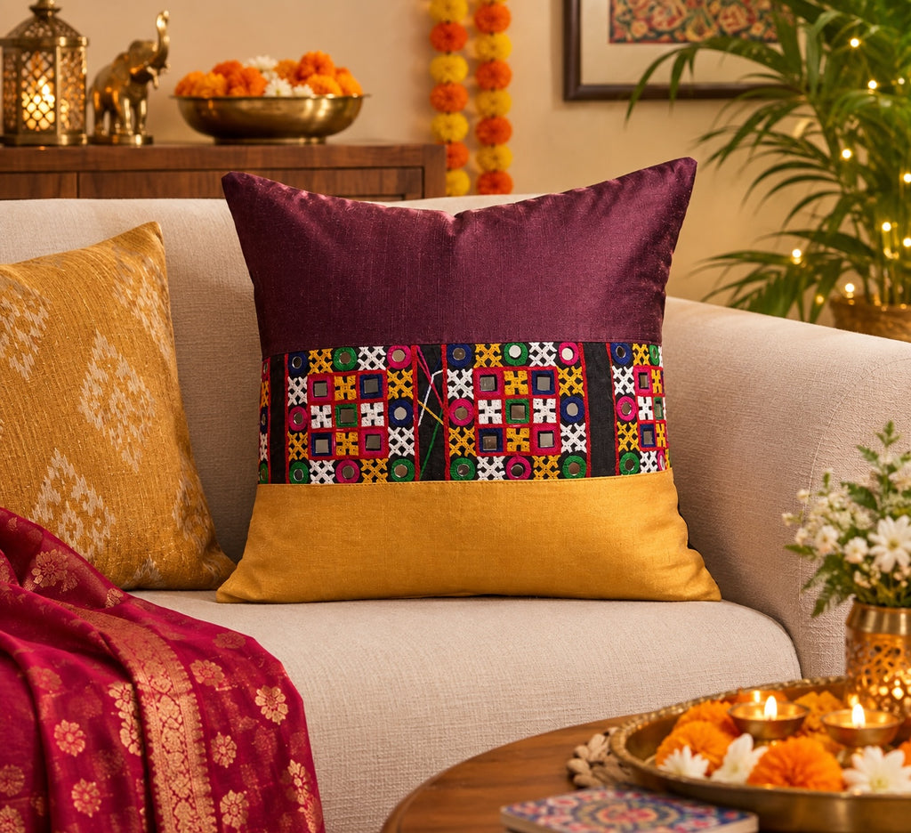 Cushion Cover 16 x 16 inches Handcrafted Festive Heritage Mirror-work and Embroidery Slub Silk