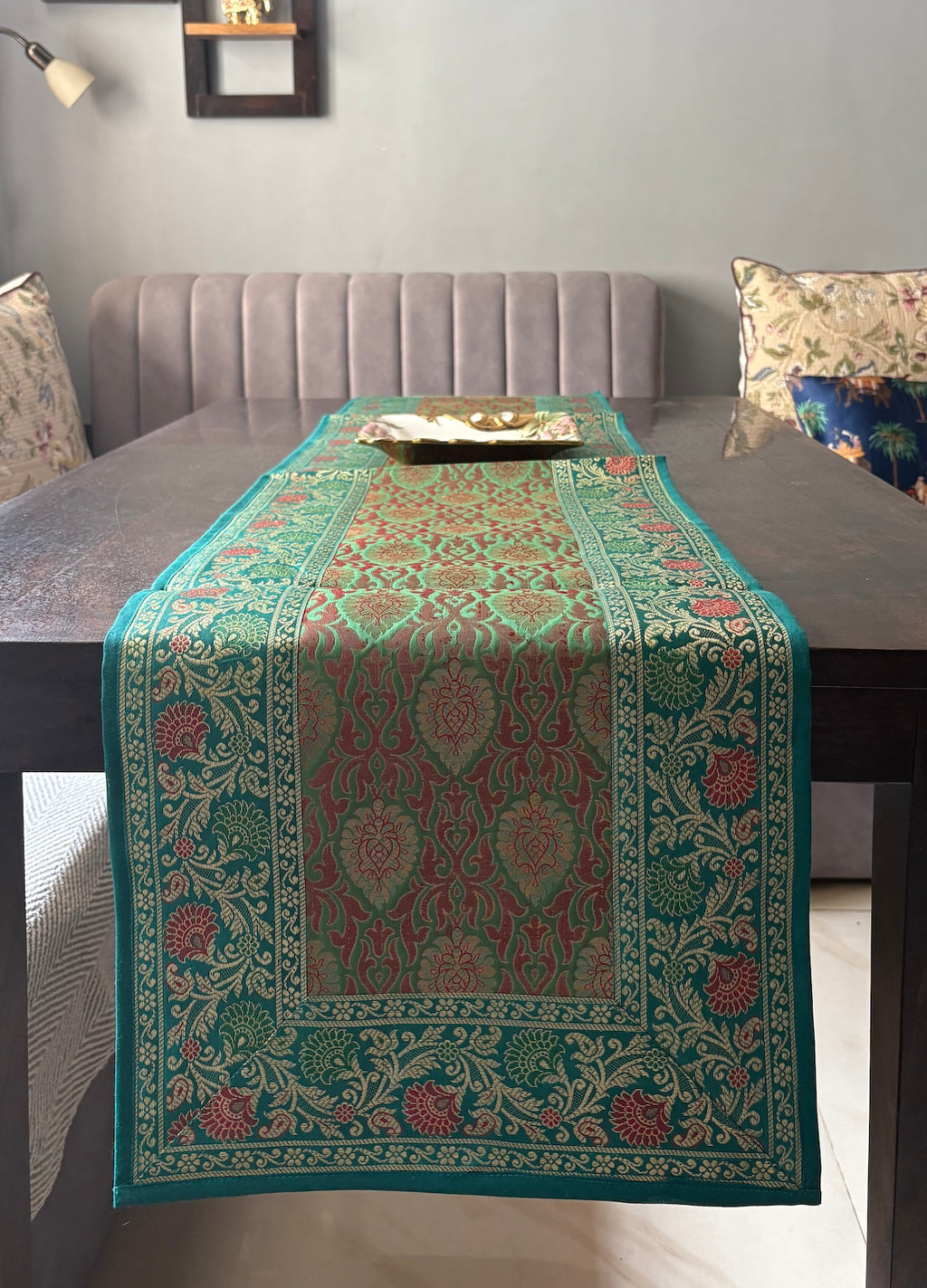 Mughal Bloom Brocade Traditional Festive Green Table Runner 14"x60"