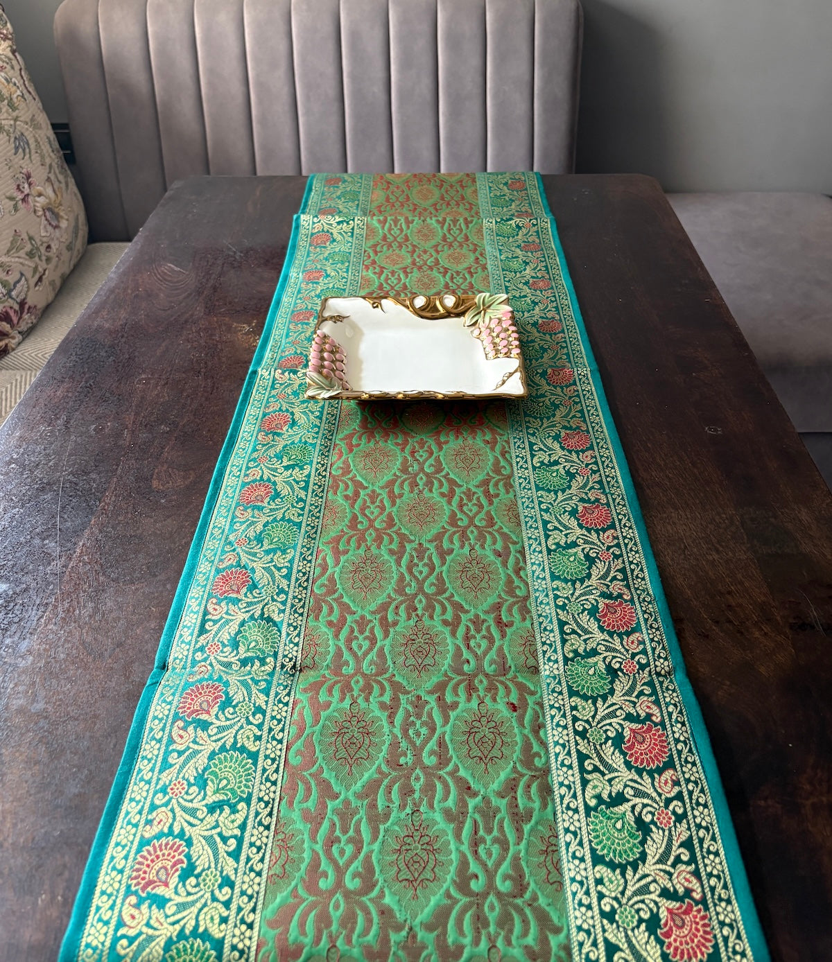 Mughal Bloom Brocade Traditional Festive Green Table Runner 14"x60"