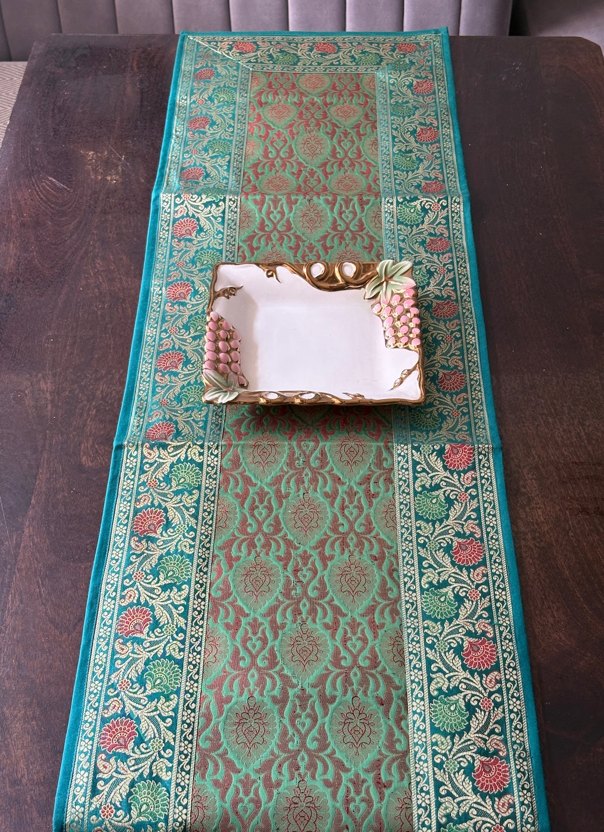 Mughal Bloom Brocade Traditional Festive Green Table Runner 14"x60"