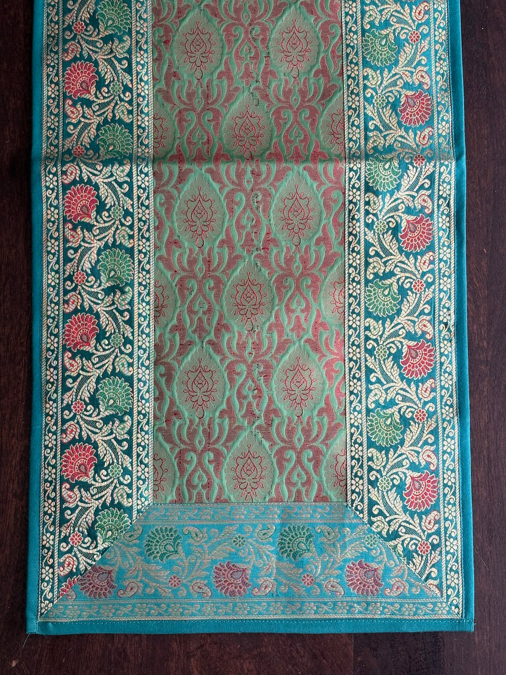 Mughal Bloom Brocade Traditional Festive Green Table Runner 14"x60"