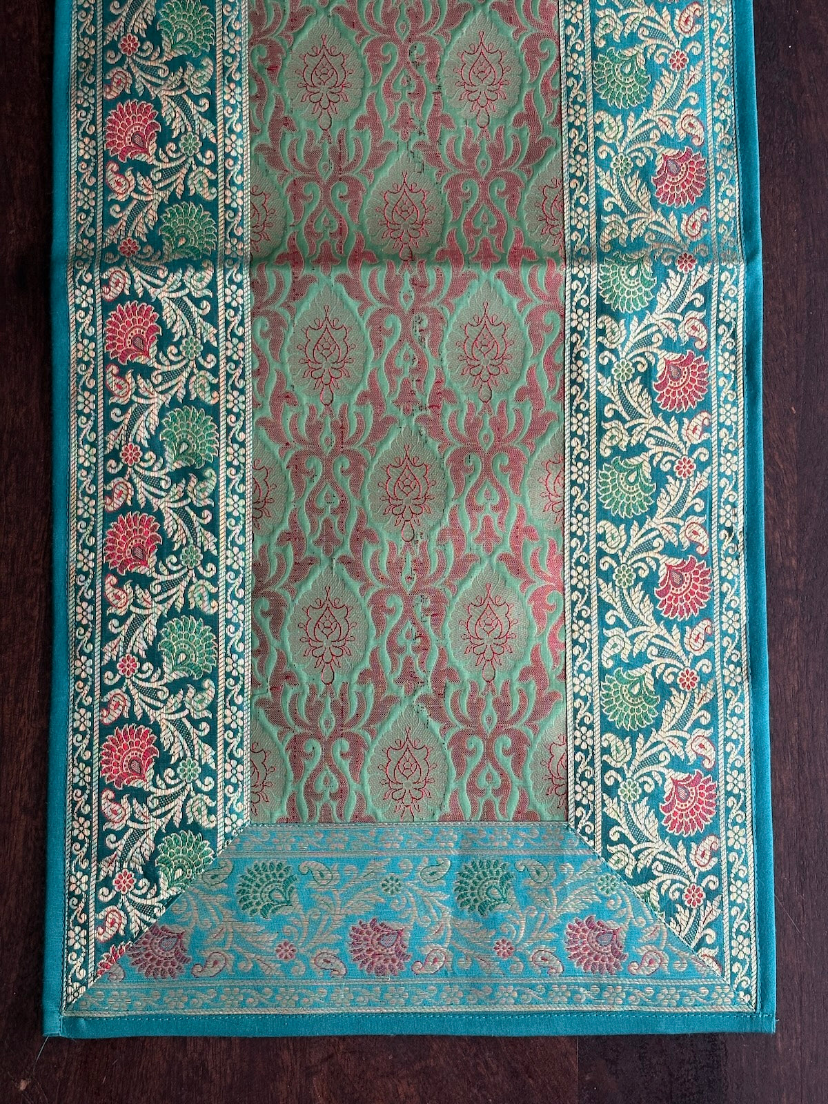 Mughal Bloom Brocade Traditional Festive Green Table Runner 14"x60"