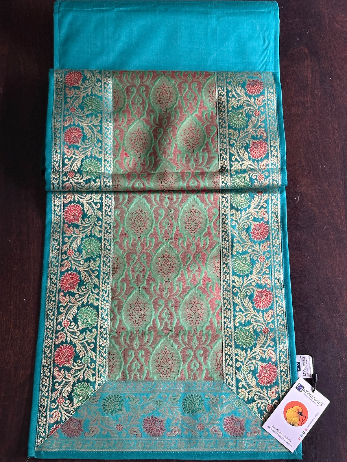 Mughal Bloom Brocade Traditional Festive Green Table Runner 14"x60"