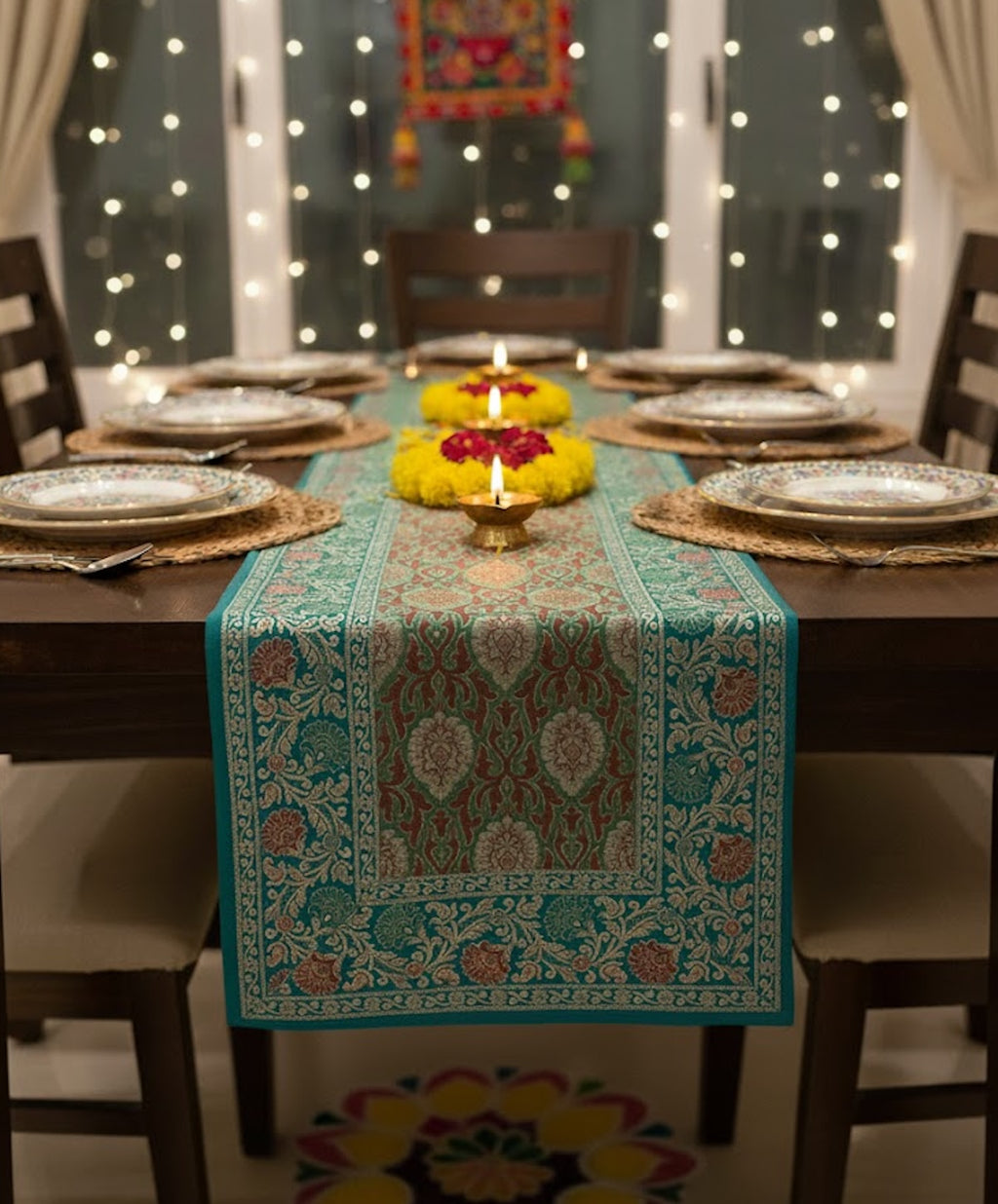 Mughal Bloom Brocade Traditional Festive Green Table Runner 14"x60"