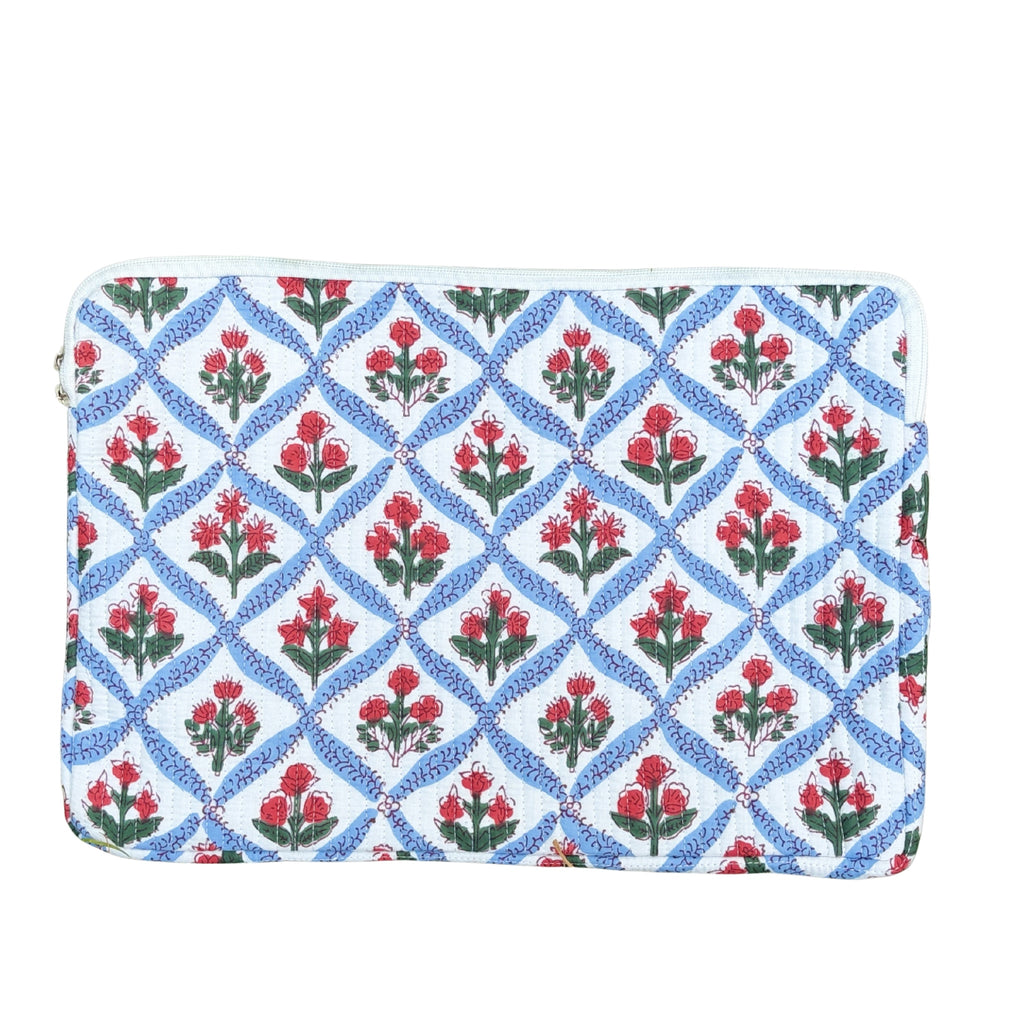Mughal Meadow  Block Print Quilted  Cotton Laptop Sleeve with Front Pocket Blue 10"x15"