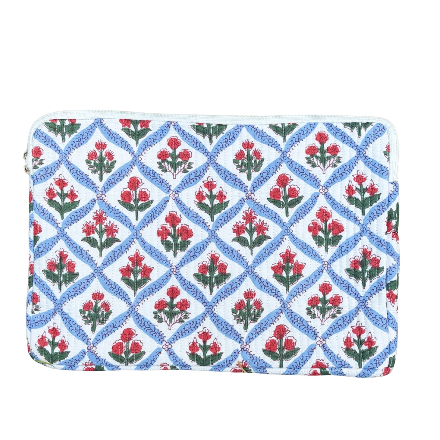 Mughal Meadow  Block Print Quilted  Cotton Laptop Sleeve with Front Pocket Blue 10"x15"