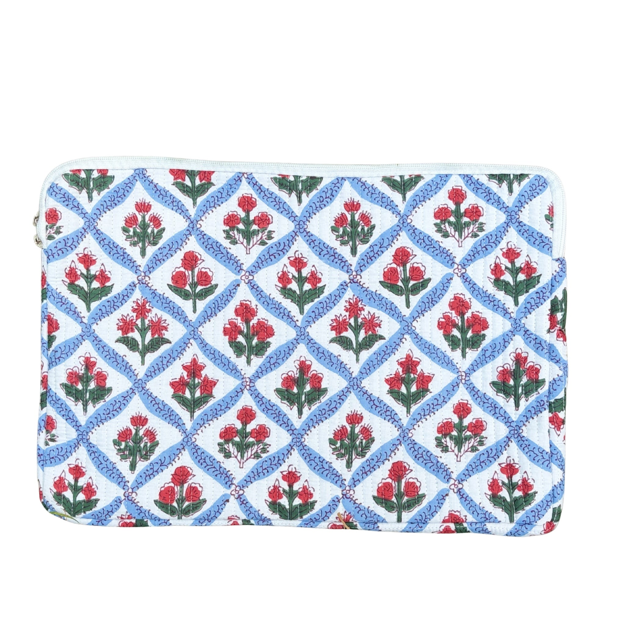 Mughal Meadow  Block Print Quilted  Cotton Laptop Sleeve with Front Pocket Blue 10"x15"