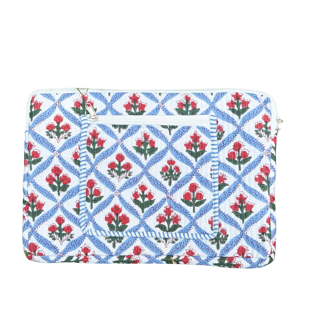 Mughal Meadow  Block Print Quilted  Cotton Laptop Sleeve with Front Pocket Blue 10"x15"