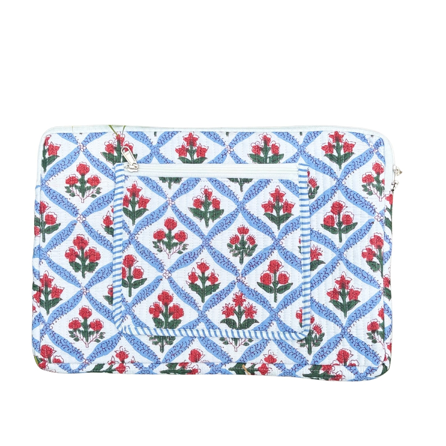 Mughal Meadow  Block Print Quilted  Cotton Laptop Sleeve with Front Pocket Blue 10"x15"