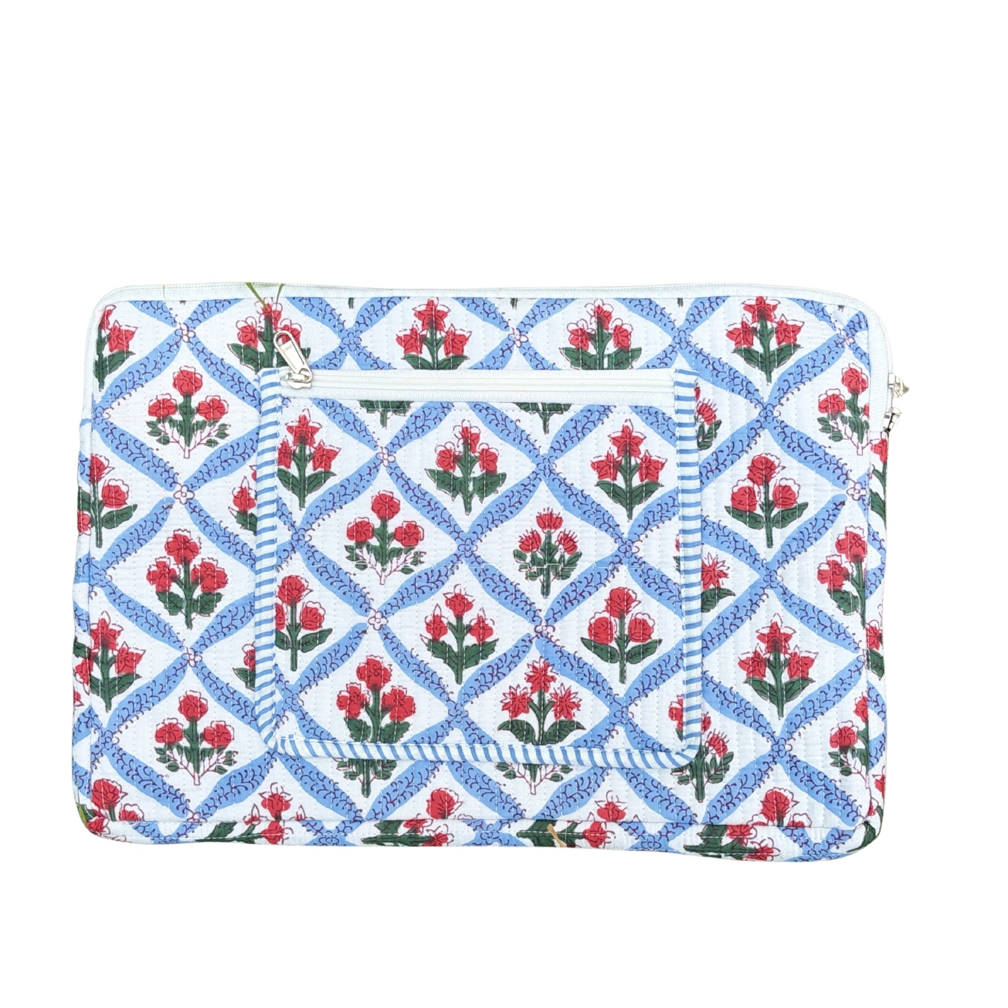Mughal Meadow  Block Print Quilted  Cotton Laptop Sleeve with Front Pocket Blue 10"x15"