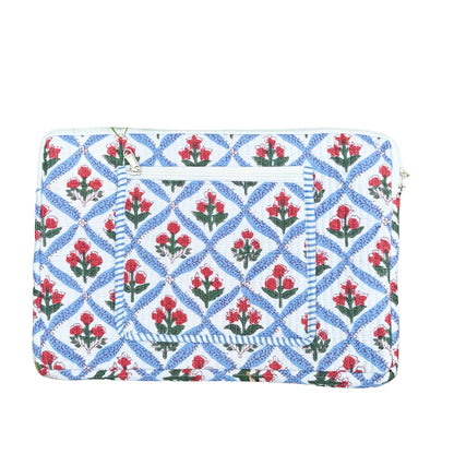 Mughal Meadow  Block Print Quilted  Cotton Laptop Sleeve with Front Pocket Blue 10"x15"
