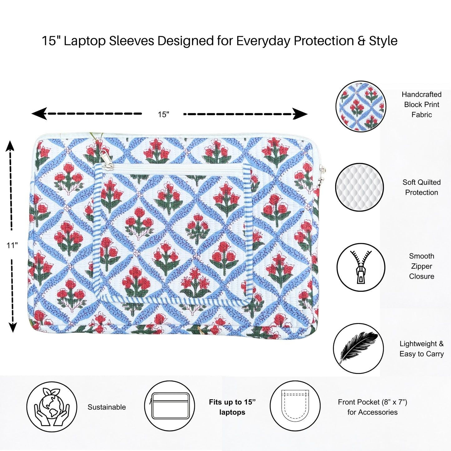 Mughal Meadow  Block Print Quilted  Cotton Laptop Sleeve with Front Pocket Blue 10"x15"