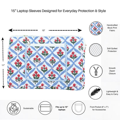 Mughal Meadow  Block Print Quilted  Cotton Laptop Sleeve with Front Pocket Blue 10"x15"