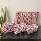 Mughal Meadow  Block Print Quilted  Cotton Tote Bag With Pouch Set of 4 Orange 15"x15"