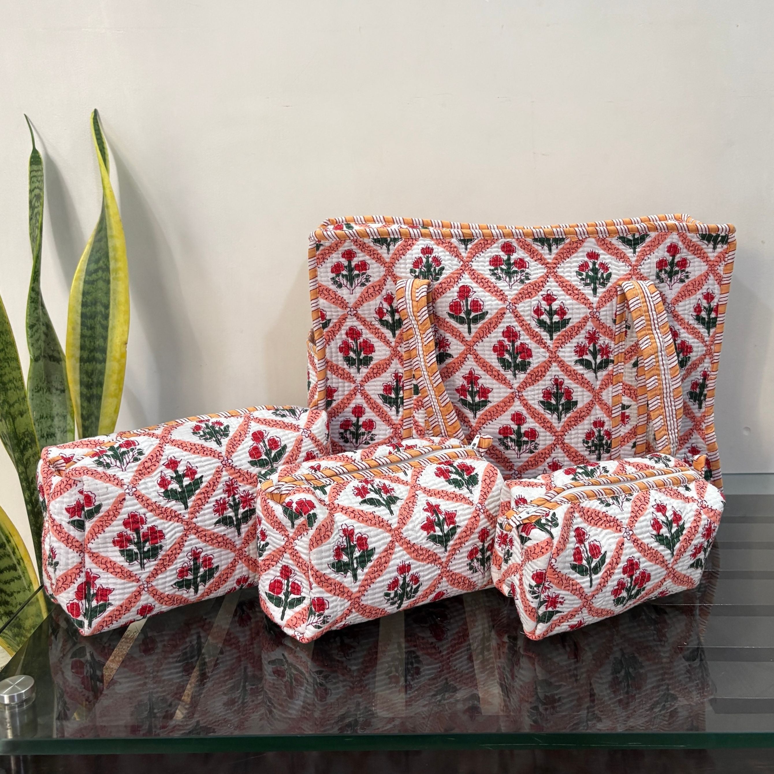 Mughal Meadow  Block Print Quilted  Cotton Tote Bag With Pouch Set of 4 Orange 15"x15"