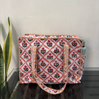 Mughal Meadow  Block Print Quilted  Cotton Tote Bag With Pouch Set of 4 Orange 15"x15"