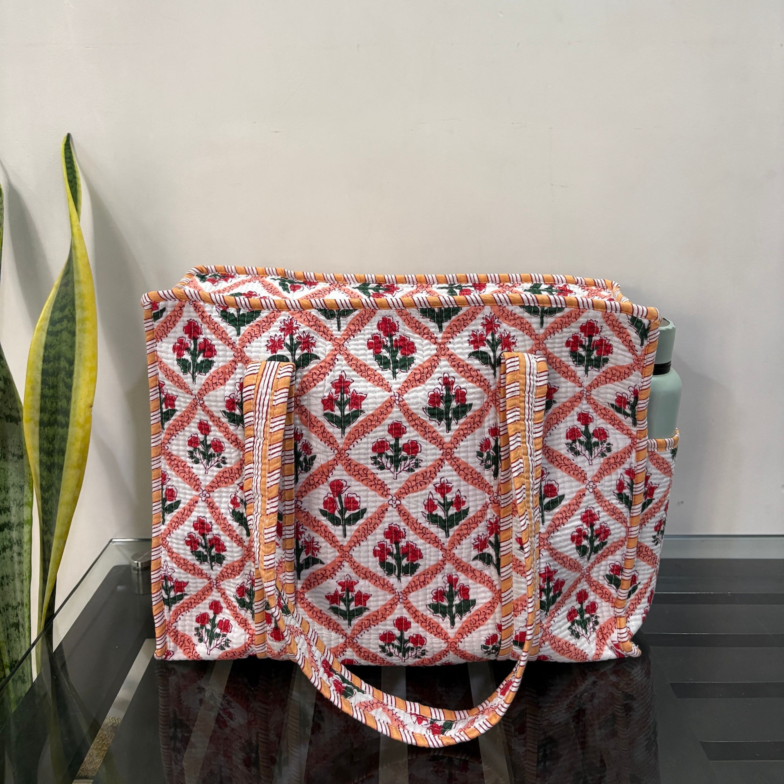 Mughal Meadow  Block Print Quilted  Cotton Tote Bag With Pouch Set of 4 Orange 15"x15"