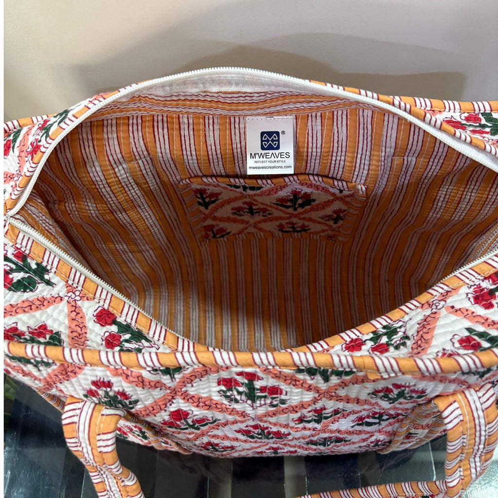 Mughal Meadow  Block Print Quilted  Cotton Tote Bag With Pouch Set of 4 Orange 15"x15"