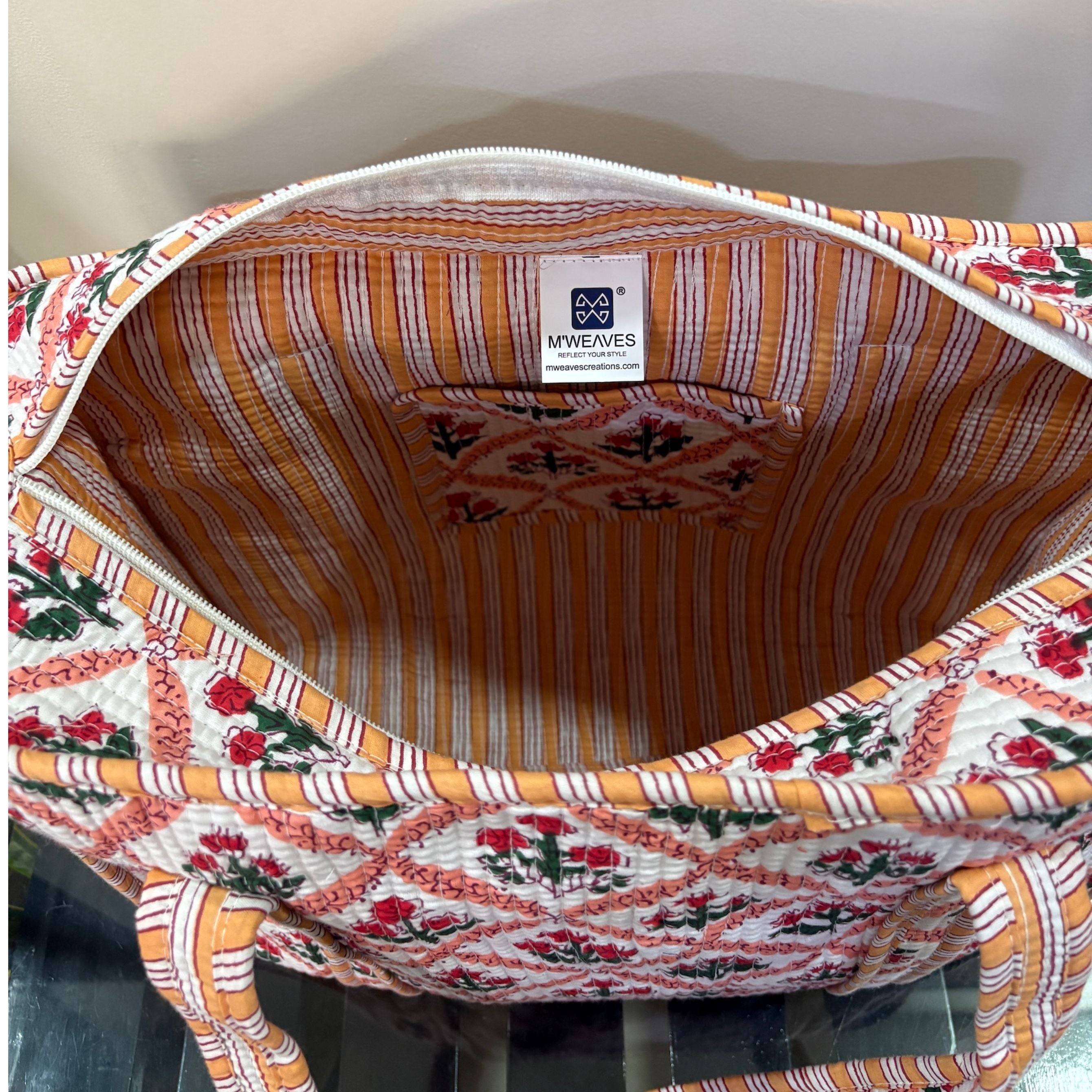 Mughal Meadow  Block Print Quilted  Cotton Tote Bag With Pouch Set of 4 Orange 15"x15"