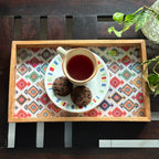 Handcrafted Traditional Festive Multicolor Printed Upcycled Fabric Wooden Rectangular Tray – 14" x 8.5"