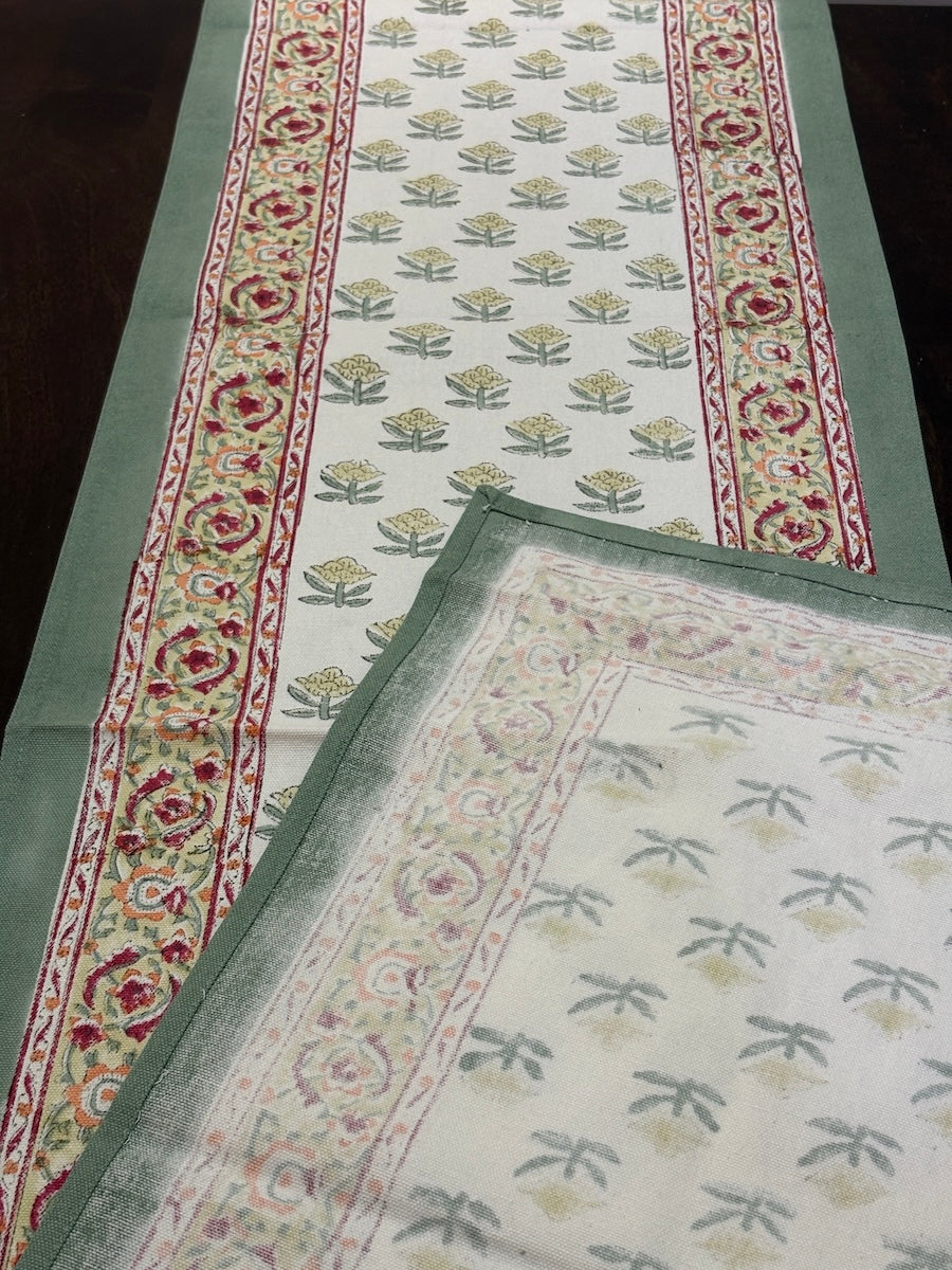 Neel Angan Jaal Jaipur - Hand Block - Printed - 100% Cotton -  Table Runner White-Sea Green 13" x 72"
