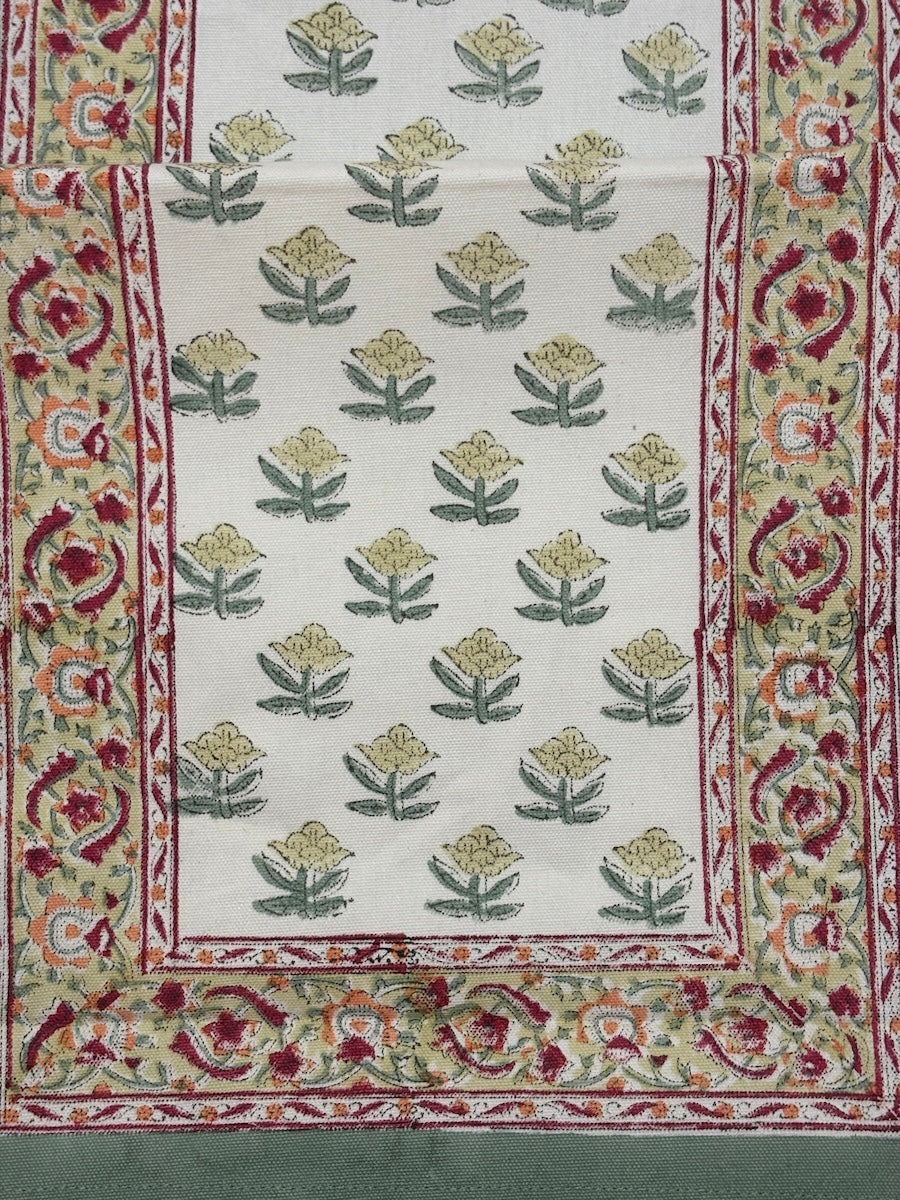 Neel Angan Jaal Jaipur - Hand Block - Printed - 100% Cotton -  Table Runner White-Sea Green 13" x 72"
