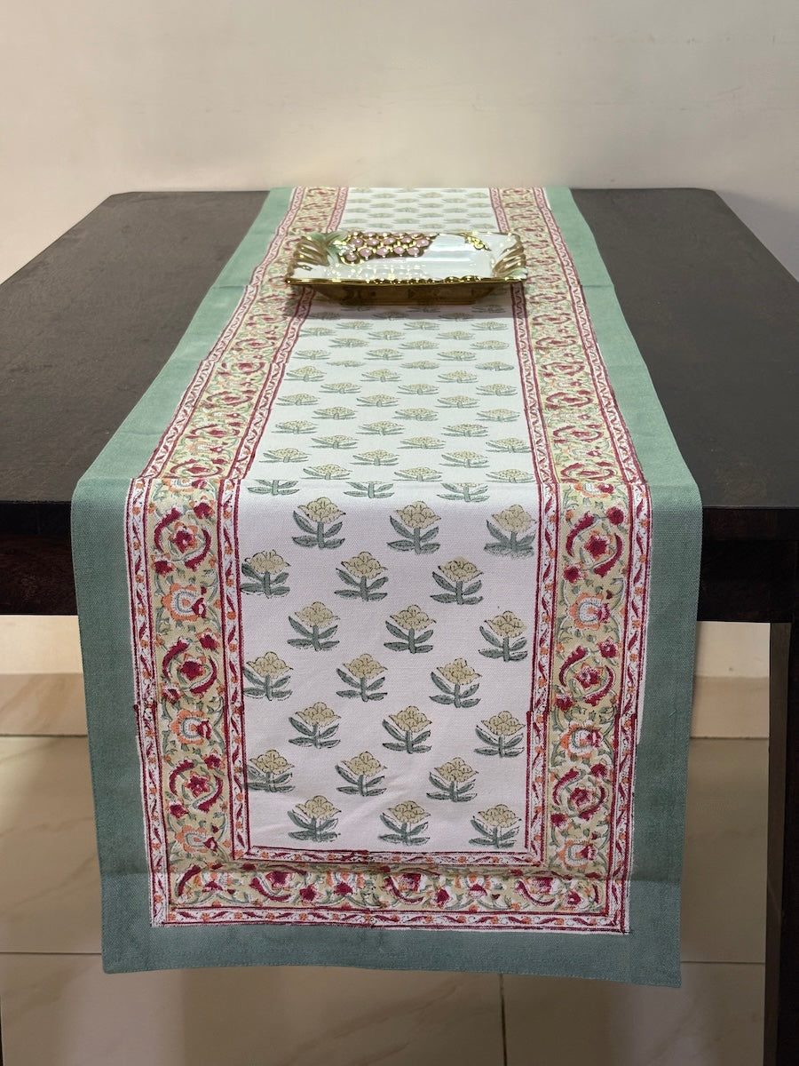 Neel Angan Jaal Jaipur - Hand Block - Printed - 100% Cotton -  Table Runner White-Sea Green 13" x 72"