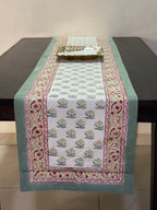 Neel Angan Jaal Jaipur - Hand Block - Printed - 100% Cotton -  Table Runner White-Sea Green 13" x 72"