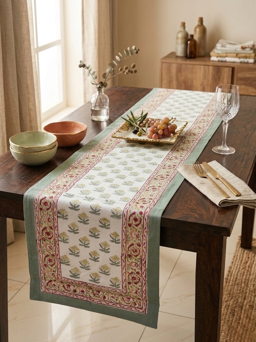 Neel Angan Jaal Jaipur - Hand Block - Printed - 100% Cotton -  Table Runner White-Sea Green 13" x 72"