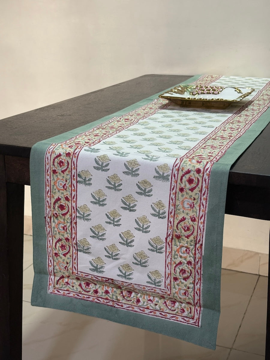 Neel Angan Jaal Jaipur - Hand Block - Printed - 100% Cotton -  Table Runner White-Sea Green 13" x 72"