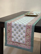 Neel Angan Jaal Jaipur - Hand Block - Printed - 100% Cotton -  Table Runner White-Sea Green 13" x 72"