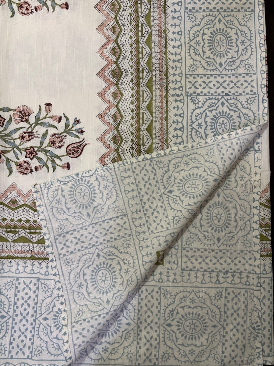 Neel Jaal Vatika Jaipur - Hand Block - Printed - 100% Cotton -  Table Cover -6 Seater White-Blue 60" x 90"