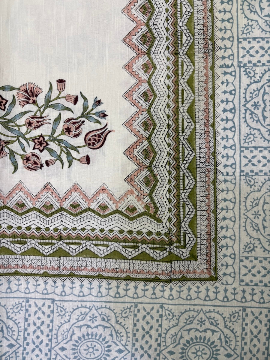 Neel Jaal Vatika Jaipur - Hand Block - Printed - 100% Cotton -  Table Cover -6 Seater White-Blue 60" x 90"