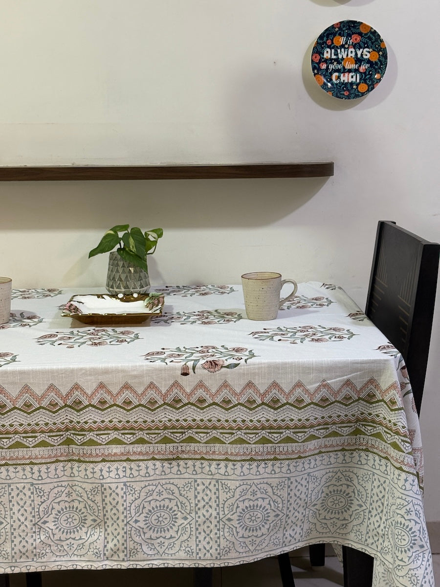 Neel Jaal Vatika Jaipur - Hand Block - Printed - 100% Cotton -  Table Cover -6 Seater White-Blue 60" x 90"