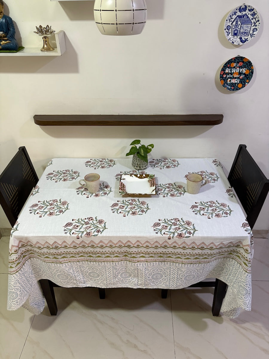 Neel Jaal Vatika Jaipur - Hand Block - Printed - 100% Cotton -  Table Cover -6 Seater White-Blue 60" x 90"