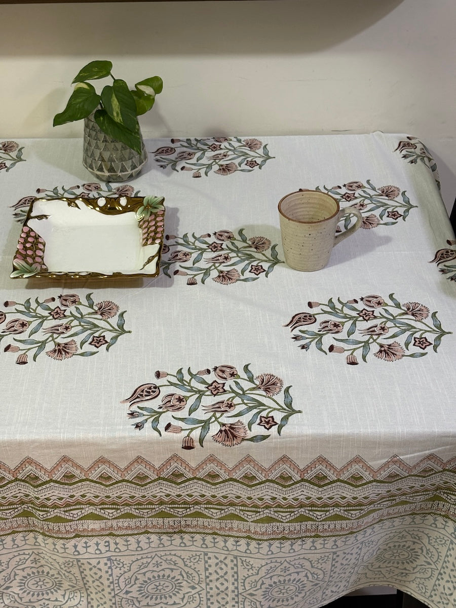 Neel Jaal Vatika Jaipur - Hand Block - Printed - 100% Cotton -  Table Cover -6 Seater White-Blue 60" x 90"