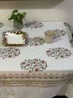 Neel Jaal Vatika Jaipur - Hand Block - Printed - 100% Cotton -  Table Cover -6 Seater White-Blue 60" x 90"
