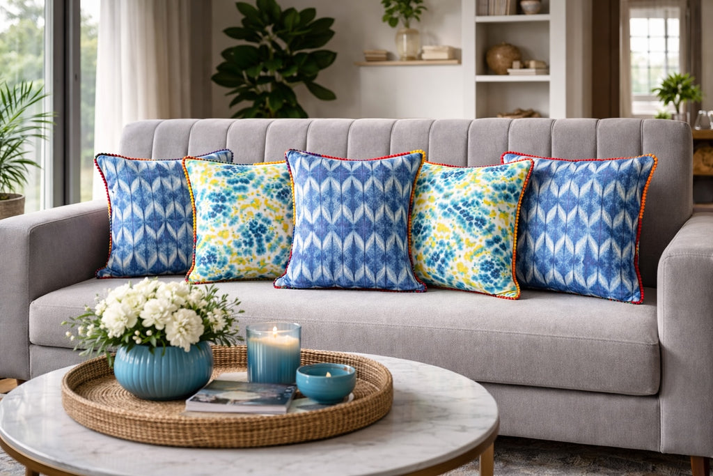 Jaipur Tie-Dye Printed PompomCotton Cushion Cover Blue Neon Set of 5 16 x 16 inch
