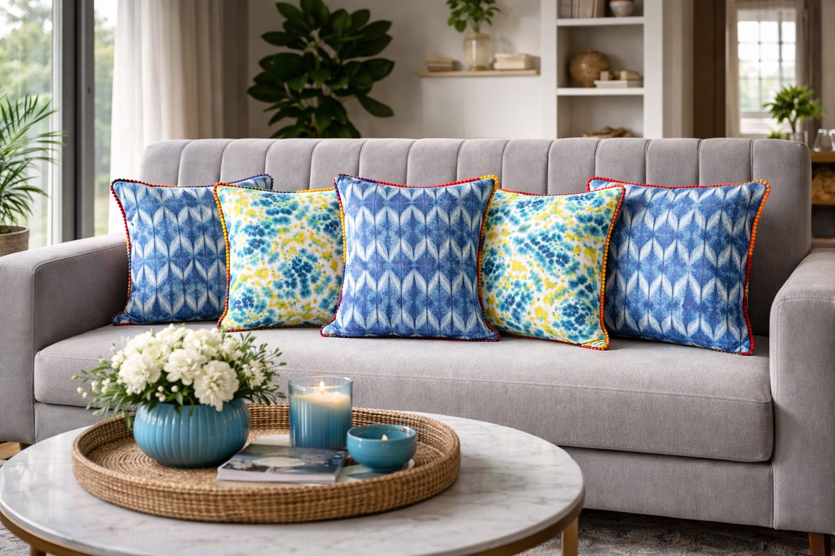 Jaipur Tie-Dye Printed PompomCotton Cushion Cover Blue Neon Set of 5 16 x 16 inch