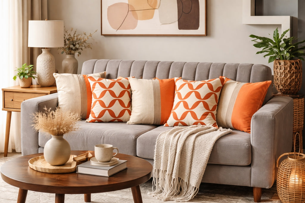 Hand Embroidered Petal Bright Cotton Cushion Cover Orange Set of 5 16 x 16 inch