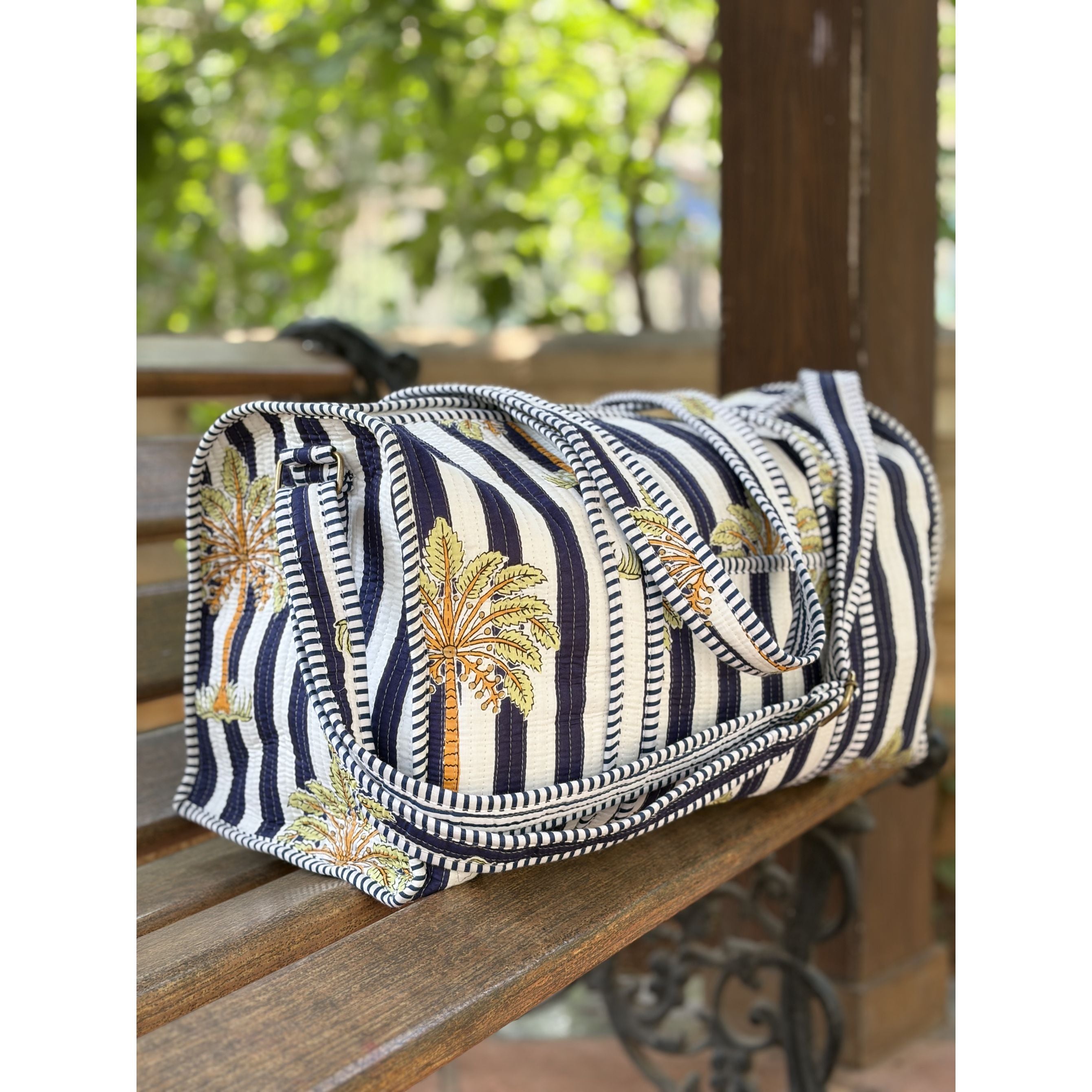 Palm Stripes  Block Print Quilted  Cotton Weekender Duffle Bag with Sling Belt Dark Blue 18'x18"