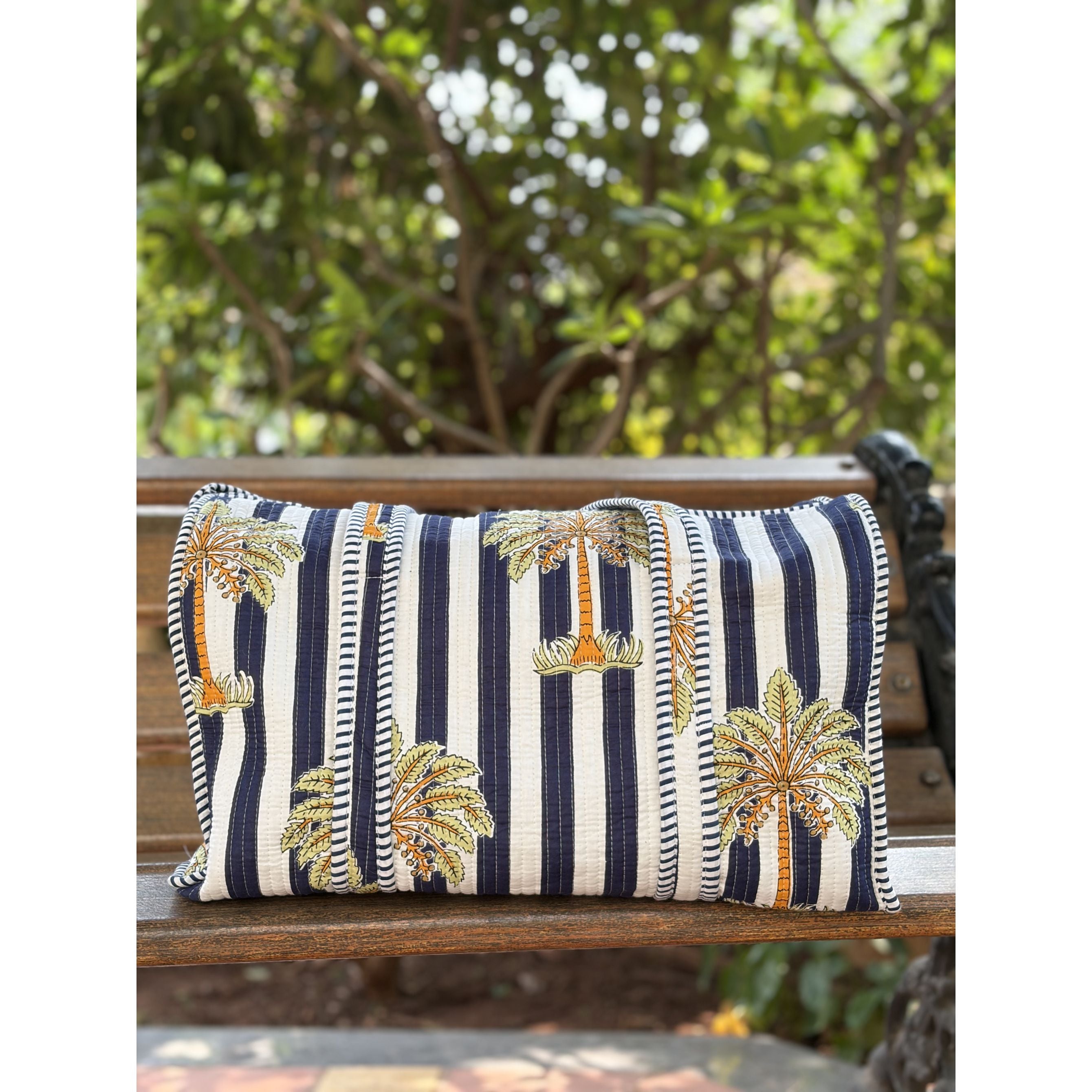 Palm Stripes  Block Print Quilted  Cotton Weekender Duffle Bag with Sling Belt Dark Blue 18'x18"