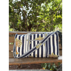 Palm Stripes  Block Print Quilted  Cotton Weekender Duffle Bag with Sling Belt Dark Blue 18'x18"
