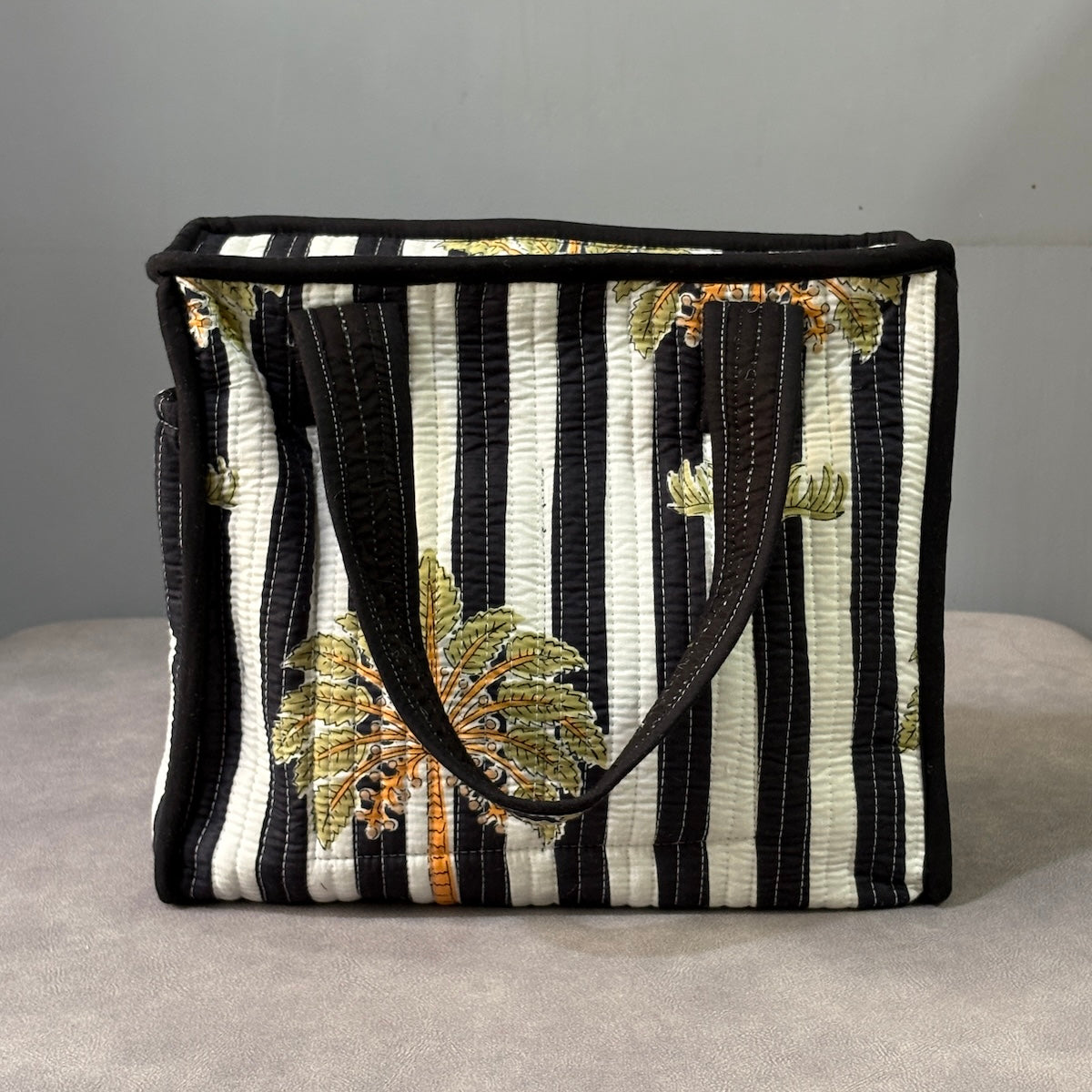 Palm Stripes Quilted Cotton Lunch Bag size 12 x 12 inch