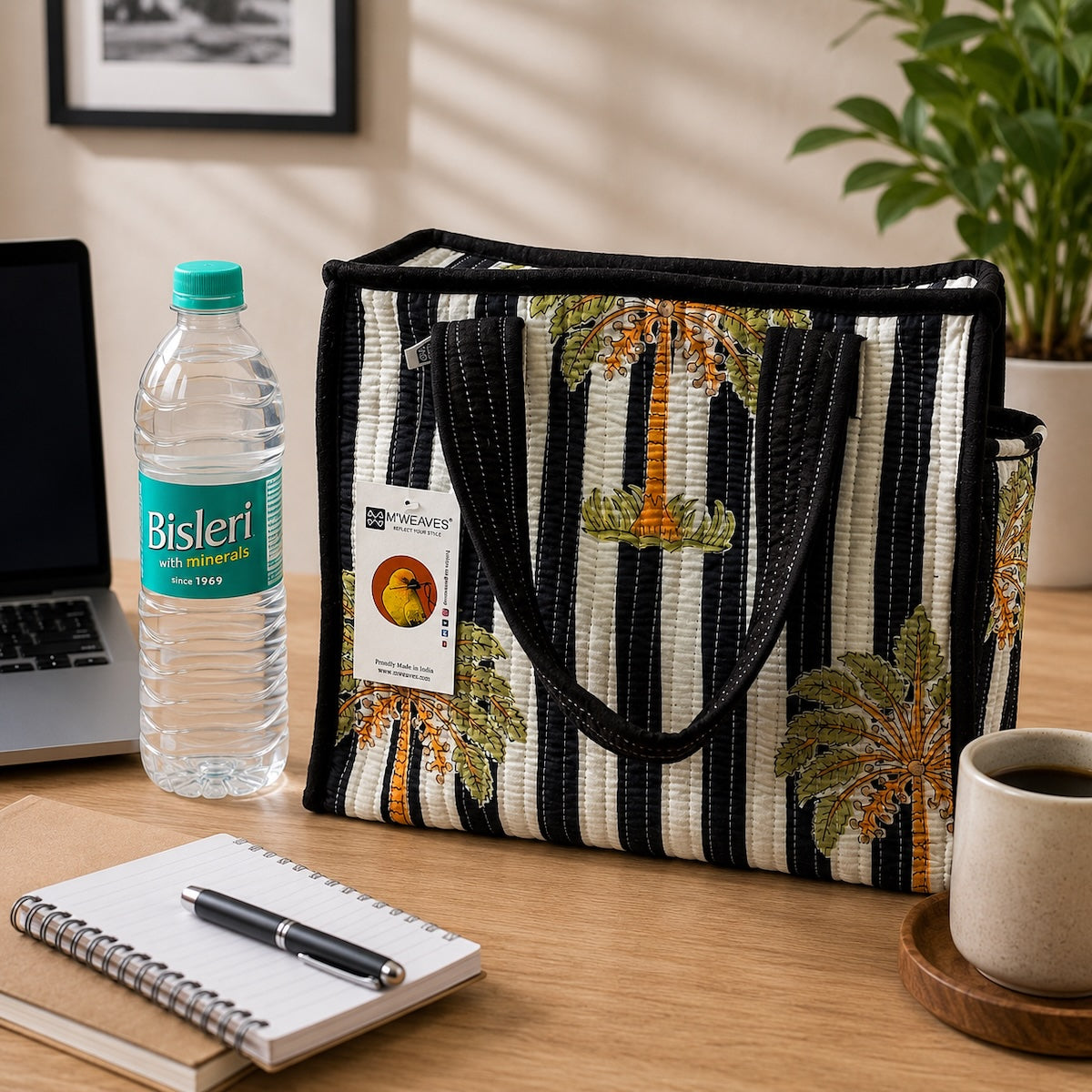 Palm Stripes Quilted Cotton Lunch Bag size 12 x 12 inch