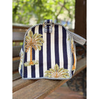 Palm Stripes  Block Print Quilted  Cotton Weekender Duffle Bag with Sling Belt Dark Blue 18'x18"