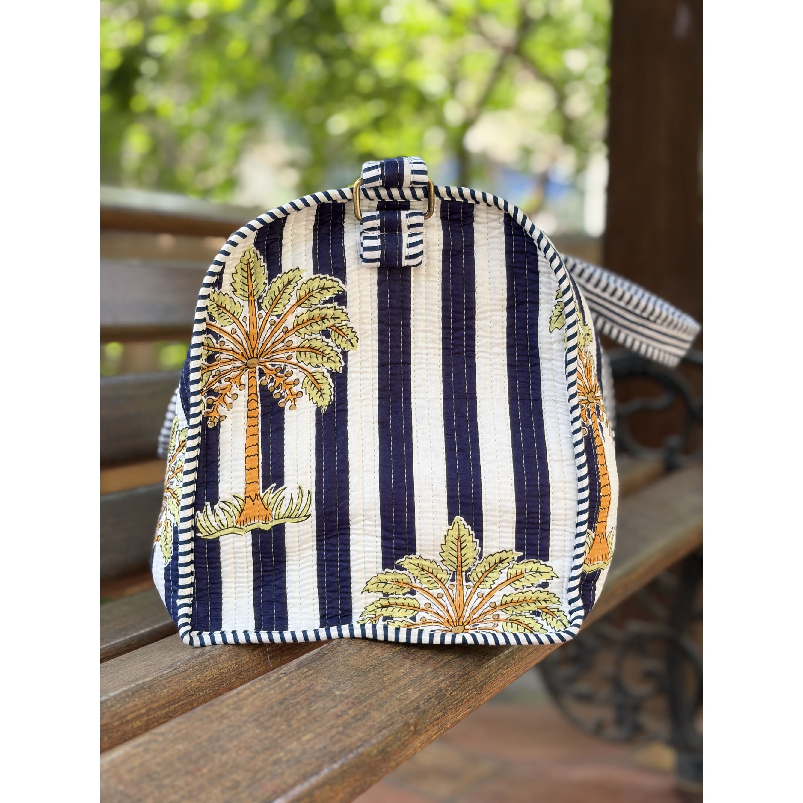 Palm Stripes  Block Print Quilted  Cotton Weekender Duffle Bag with Sling Belt Dark Blue 18'x18"